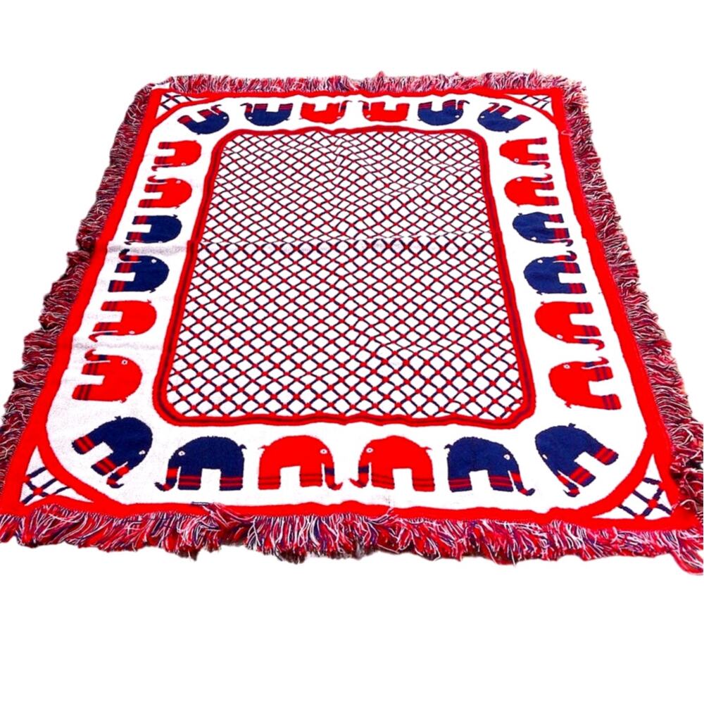 Vtg Leonardo Looms Elephant Baby Blanket 1971 Reversible Red Blue Fringed Throw